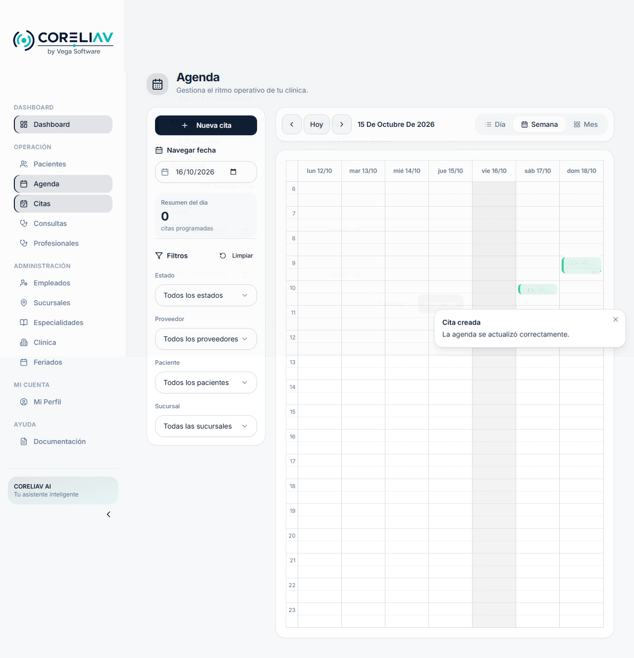 Agenda semanal de CoreLiav con citas programadas y filtros por profesional y sucursal