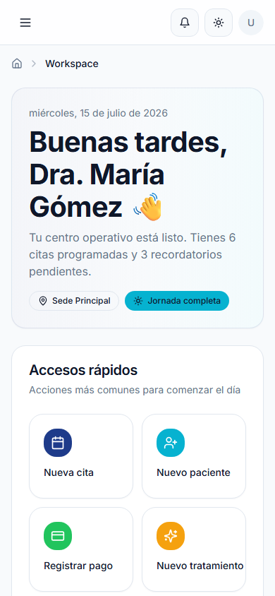 CoreLiav en móvil: panel de inicio con accesos rápidos del día